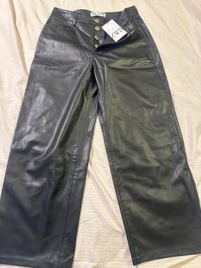 Zara Black Faux Leather Pants with Gold Buttons